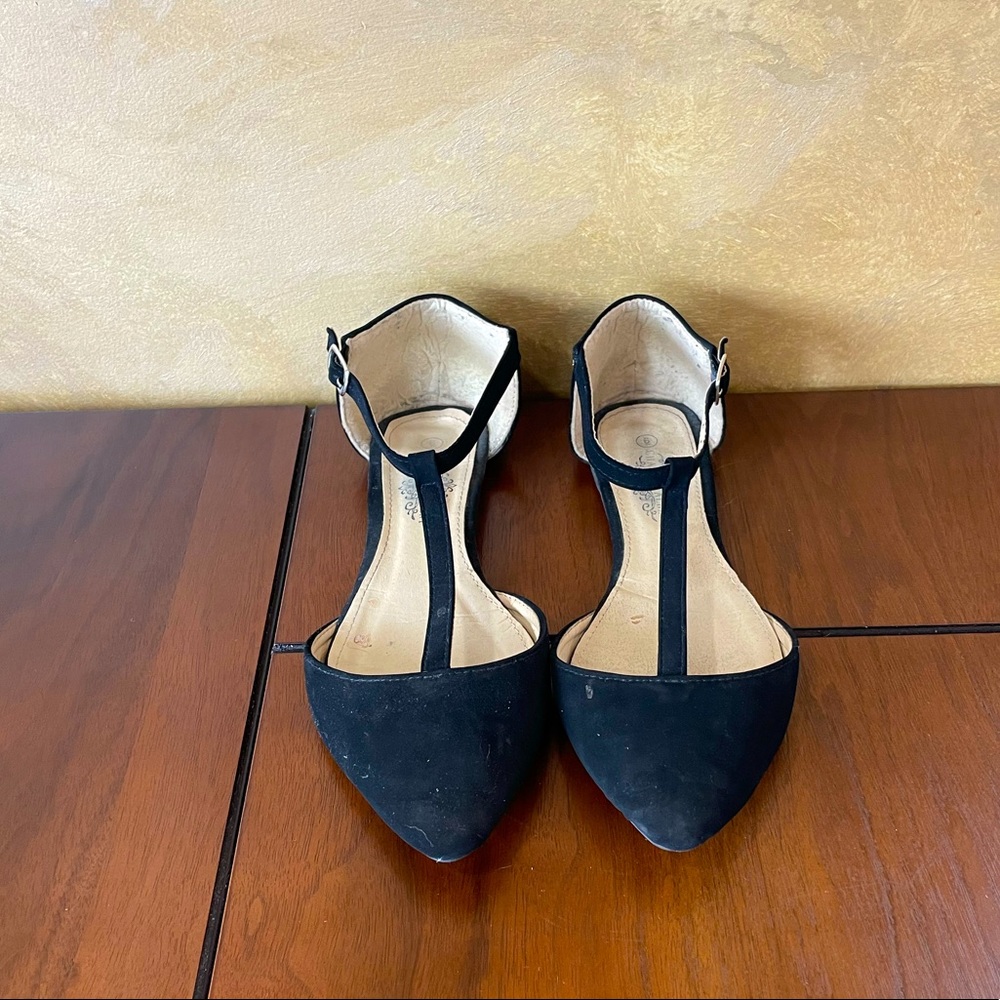 Black T-strap flats pointed toe